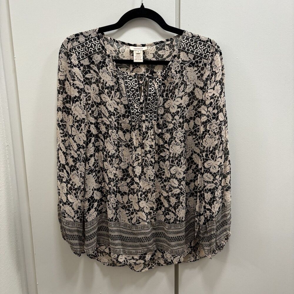 Sundance Sz Small 100% Silk Black White Floral Blouse Embroidery Boho Peasant